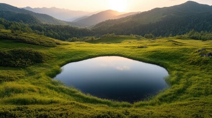 Fototapeta premium A tranquil mountain landscape featuring a still pond, surrounded by lush greenery, captures the quiet beauty of nature, evoking peace and a connection to the great outdoors.