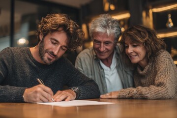 Man signs document with senior couple looking on at table indoors, agreement, testament, or paperwork occasion