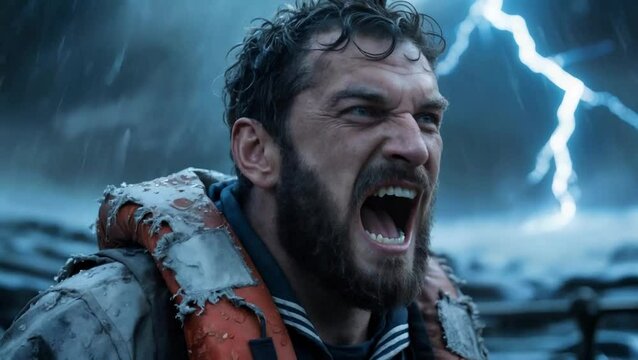 Marinero enojado gritando en una tormenta