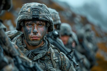 Fototapeta premium A soldier's determined expression in the rain showcases resilience and the emotional weight of military service amid challenging conditions on the battlefield.