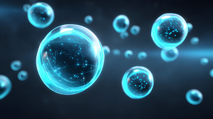 Futuristic glowing blue nanotechnology particles floating in dark space, magnified cosmetic liquid drop, science and innovation concept