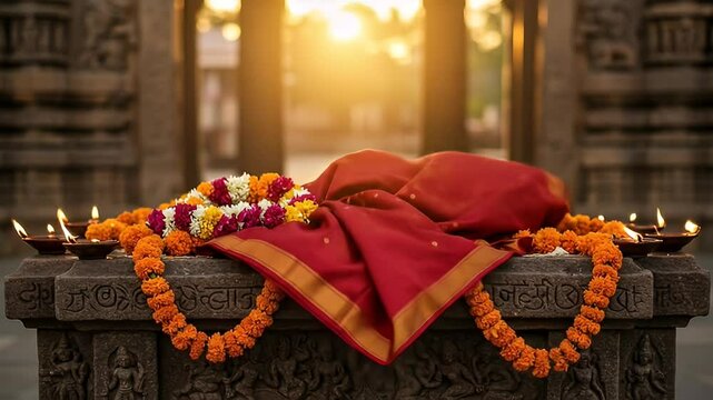 Traditional Indian Temple Offering with Red Cloth Garland and Candles in Golden Evening Light
