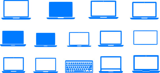 Set of blue laptop and keyboard icons on white background