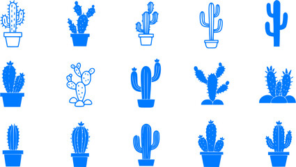 Collection of blue cactus icons in different shapes, vector illustration