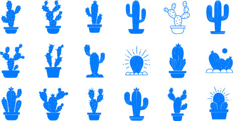 Set of blue cactus icons. Desert plants in pots vector illustration.