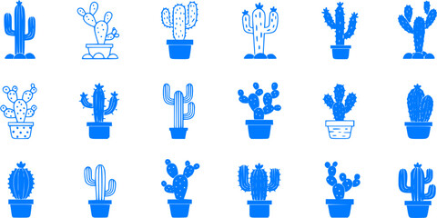 Set of Blue Cactus Icons in Pots