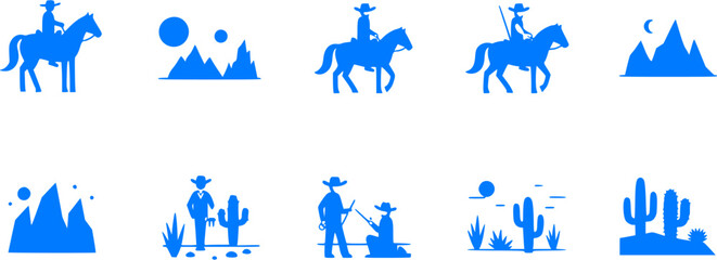 Blue Western Icon Set - Cowboys, Horses, Mountains, and Cacti