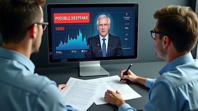 Two men in smart blue shirts analyze a video on a computer screen, discussing the implications of deepfake technology.