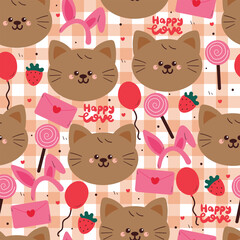 seamless pattern cute cartoon cat with cute valentine stuffs in pink checkered background. animal drawing for wallpaper and gift wrap paper