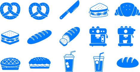 Bakery and Coffee Shop Icons Set - Blue Vector Illustrations