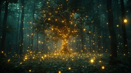 Illuminated tree in mystical forest