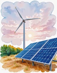 Clean Energy Wind Turbine and Solar Panels in a Scenic Landscape