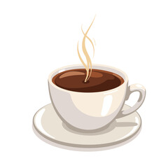 Espresso cup with steaming hot beverage on a white saucer  
