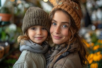 Obraz premium A heartwarming moment captured between a mother and her child, both clad in cozy winter attire, radiating joy while surrounded by colorful market produce and greenery.
