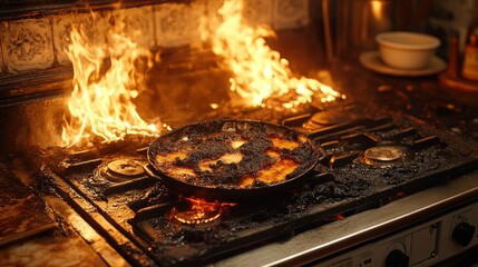 Kitchen fire, burnt food in pan