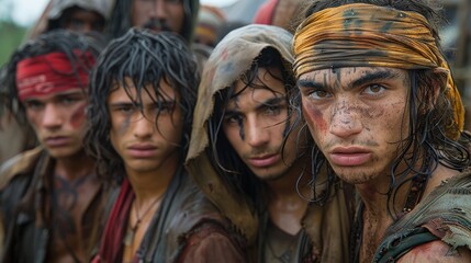 A group of determined young individuals clad in rugged pirate attire, showcasing resilience and strength, capturing a candid moment filled with grit and camaraderie amidst an adventure.