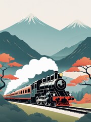 train with mountain landscape and trees. forest. vector illustration.train illustration.