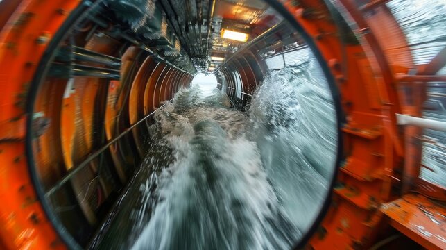 An exhilarating image captures water flowing dynamically within an industrial pipeline, representing the power of engineering and the interaction between nature and technology.