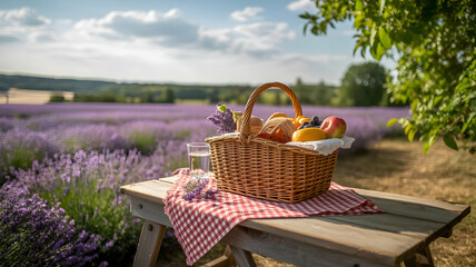 Picnic basket filled with fruits on a wooden table in a lavender field under a cloudy sky scene outdoors