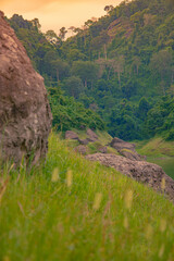 Green mountain landscape with a summer sky, glass flower and a river flowing through the natural park