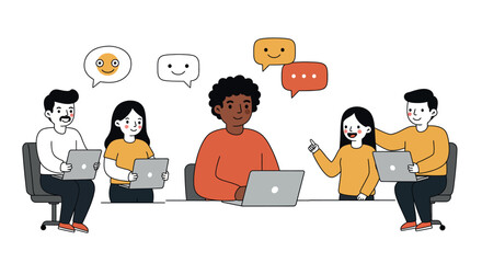 Collaborative team meeting with diverse colleagues and laptops vector illustration