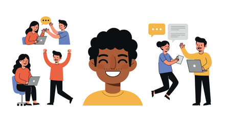 Positive workplace collaboration and communication scenes for team building and office environment vector illustration