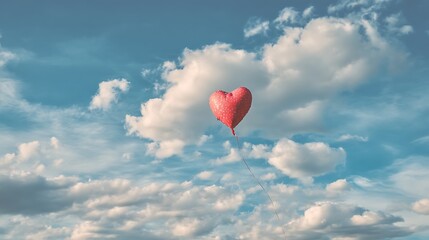 Fototapeta premium Heart-shaped balloon floating in a blue sky with clouds, symbolizing love and romance .