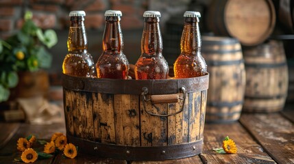 A collection of artisan beer bottles sits in a wooden crate, capturing the essence of craft brewing culture and the charm of rustic interiors, perfect for beverage enthusiasts.