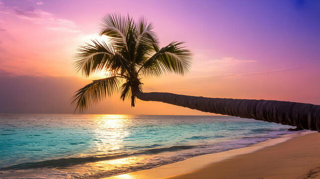 Palm tree overhanging turquoise ocean at sunset with pink and orange sky in a tropical location - Powered by Adobe