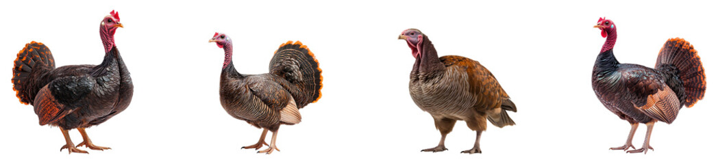 Collection of domesticated turkeys, isolated on a transparent background