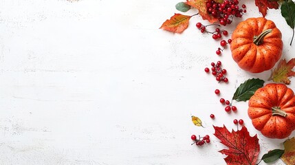 Flat lay autumn arrangement with two small pumpkins, red berries, and fall leaves on a white textured background, leaving ample space for text