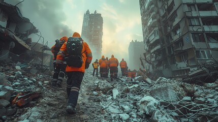 A group of dedicated rescue workers wearing protective gear navigate a devastated area, emphasizing courage and teamwork as they respond to a disaster's aftermath.
