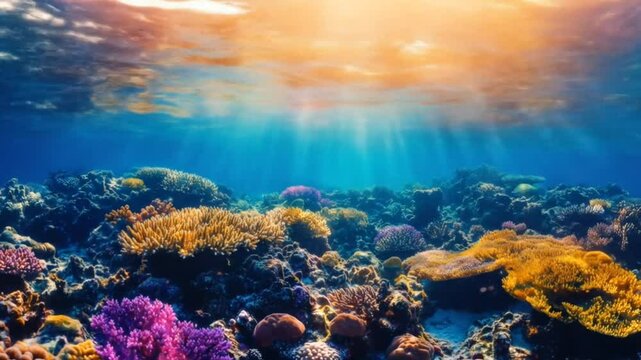 Underwater coral reef with sunlight and marine life, seamless looping 4k time-lapse animation video background