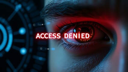 A close-up of a human eye with a futuristic digital overlay and red text that reads 'ACCESS DENIED,' conveying a feeling of security and technology.