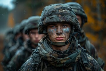 A soldier in full camouflage gear stands determinedly in the rain, embodying resilience and focus, with fellow soldiers visible in the blurred background, creating a gripping military scene.