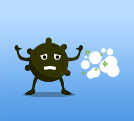Illustration of antiseptic foam, a bacteria scared of hygiene bubble