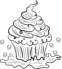 A whimsical black and white line drawing of a cupcake with a generous swirl of frosting perfect for coloring books invitations or sweet themed designs