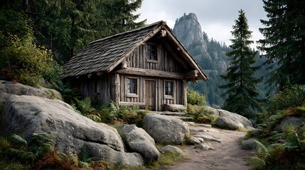 A realistic high-definition photo of a cabin nestled in a mountain forest at dawn.