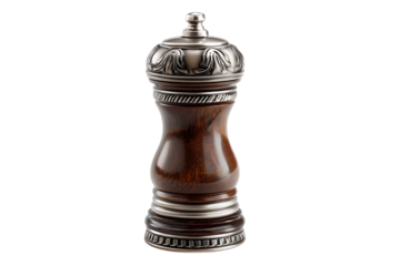 Exquisite Handcrafted Wooden Pepper Mill with Ornate Silver Accents isolated on transparent background , cutout	