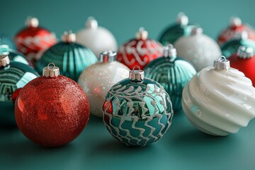A vibrant collection of various Christmas ornaments showcased in a festive arrangement, capturing the spirit of holiday celebration and decorative charm.