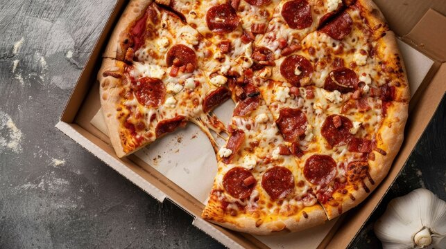 A mouthwatering pepperoni pizza nestled in an open takeout box, showcasing its gooey cheese and toppings, making it an irresistible meal option for pizza lovers. - Powered by Adobe
