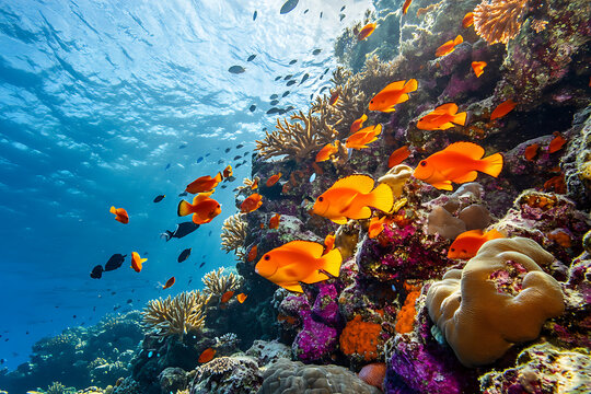 A vibrant coral reef teeming with orange fish under the clear blue ocean water surface light rays