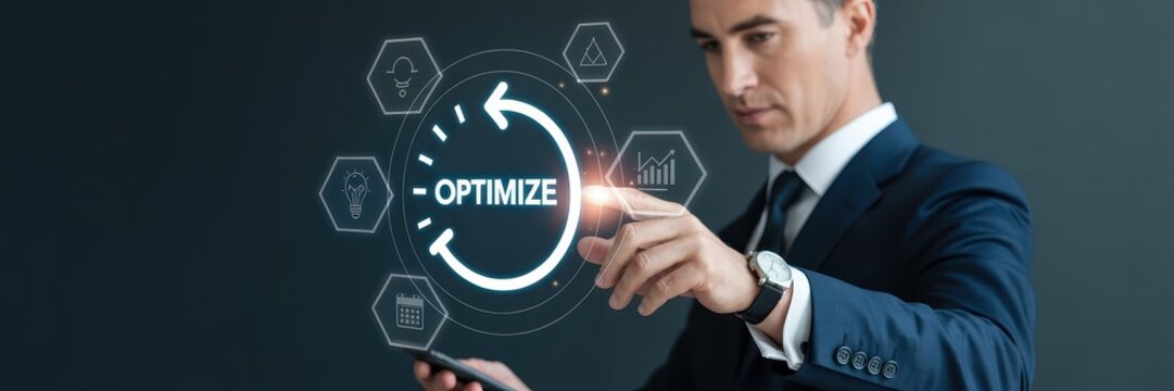 Businessman interacts with a digital optimization interface. - Powered by Adobe