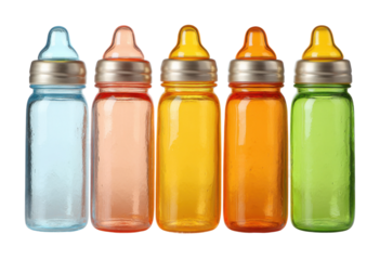 Colorful baby bottles display nursery product bright environment view