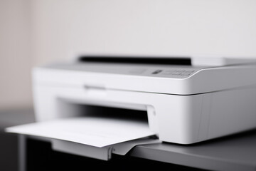 A modern printer, its tray open, printing a document, positioned in a professional setting. The image exudes an atmosphere of efficiency and streamlined functionality.