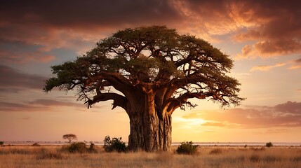 Obraz premium Majestic baobab tree in african savanna against warm sunset sky .