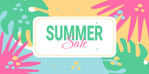 Summer sale banner. Card with tropical leaves and beach background. Vector.