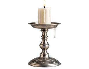 Close-Up of Silver Candle Holder Base with Melting Wax, isolated on transparent background PNG