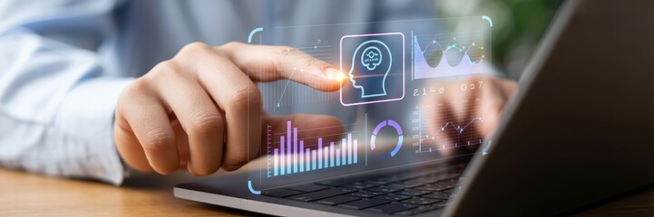 Hands interacting with a holographic interface displaying data visualizations.