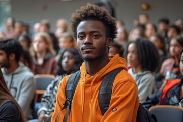 Fototapeta premium A striking image of a focused young student amidst a sea of peers, conveying a solemn yet determined attitude in a classroom or seminar setting.